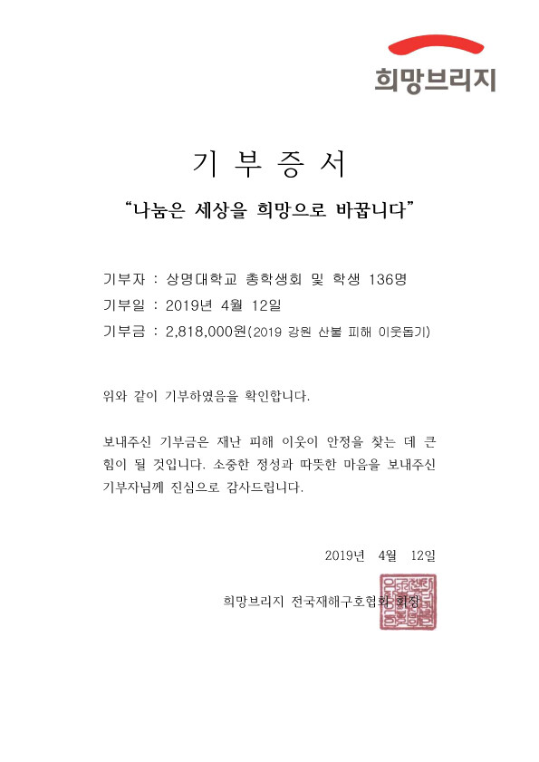 상명대 서울캠퍼스 학생들이 강원도 산불 피해 복구를 위해 모은 성금 2,818,000원을 4월 12일 재해구호단체에 기부했다. (사진: 상명대 제공)