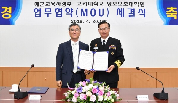 이상진 정보보호대학원장(좌)과 이성환 해군교육사령부 사령관(우)이 4월 30일 해군 교육사령부에서 업무협약을 체결하고 있다. (사진: 고려대 제공)