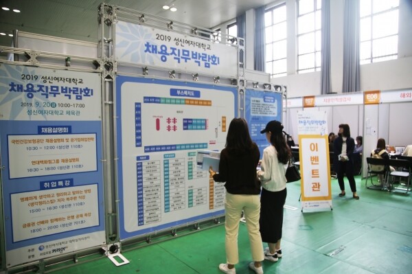 20일 수정캠퍼스 체육관에서 열린 '2019 성신여대 채용·직무 박람회'에서 참석자들이 부스배치 안내문을 보고 있다. (사진: 성신여대 제공)