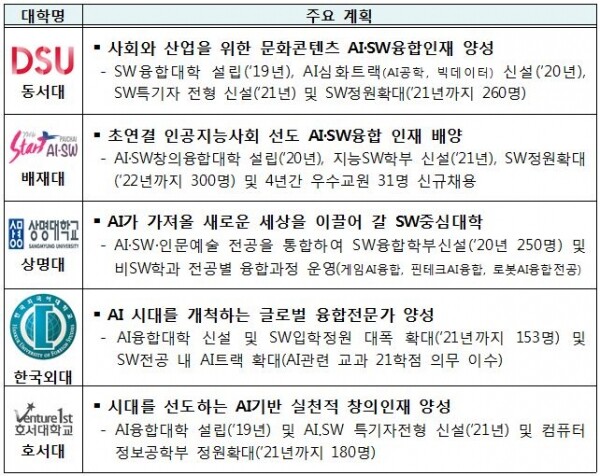 선정대학별 주요 계획 (자료: 과기정통부 제공)