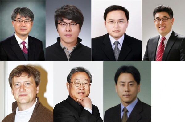 윗줄 왼쪽부터 김종승(화학과), 노준홍(건축사회환경공학부), 안춘기(전기전자공학부), 옥용식(환경생태공학부) 교수, 아랫줄 왼쪽부터 Klaus R Muller(뇌공학과), 권익찬(KU-KIST융합대학원), 김광명(KU-KIST융합대학원) 교수 (사진: 고려대 제공)