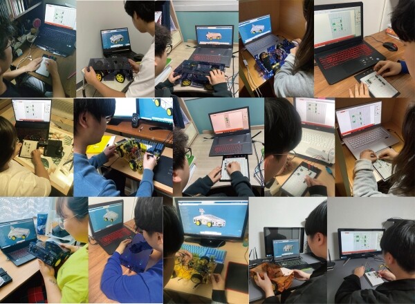 온라인 수업 중 학교로부터 배송받은 부품으로 제품을 조립하고 있는 학생들