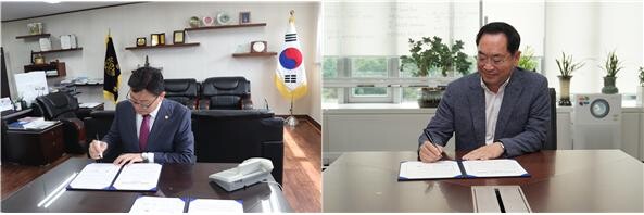 한상호 총장(좌)과 정보통신산업진흥원 김창용 원장이 협약서에 서명을 하고 있다.