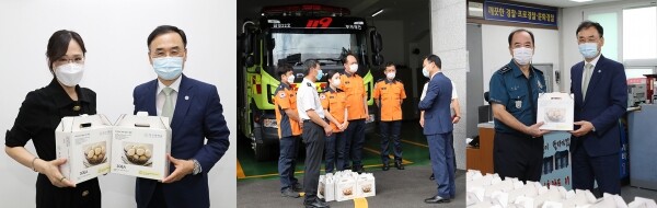 추석을 맞아 코로나19 방역 등 협조에 감사와 응원 메시지를 전하고 있는 차정인 부산대 총장. (왼쪽부터) 금정구보건소, 부곡119안전센터, 장전지구대. (사진=부산대 제공)