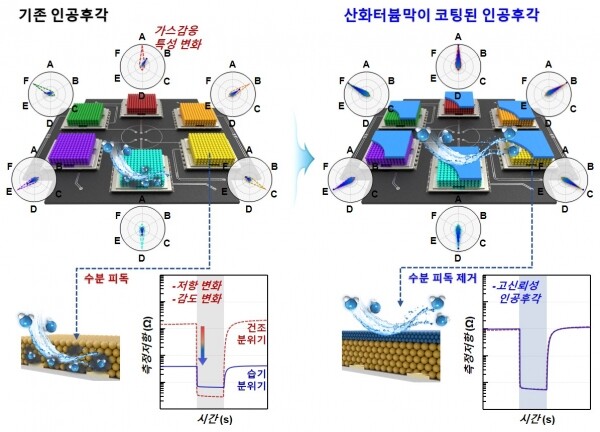 (좌측부터) 기존 인공후각과 산화터븀막이 코팅된 인공후각의 모식도 및 가스 감응 특성