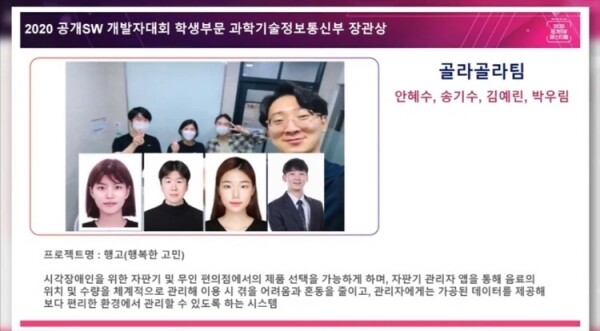 비대면 유튜브 시상식으로 진행된 제14회 공개 SW 개발자대회 시상식에서 대상을 수상한 박우림(오쪽), 송기수 씨(왼쪽 두 번째)로 구성된 '골라골라팀'. 사진=인덕대 제공