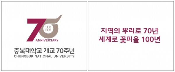 이번에 당선된 엠블럼과 캐치프레이즈인 ‘지역의 뿌리로 70년 세계로 꽃피울 100년’. (자료=충북대 제공)
