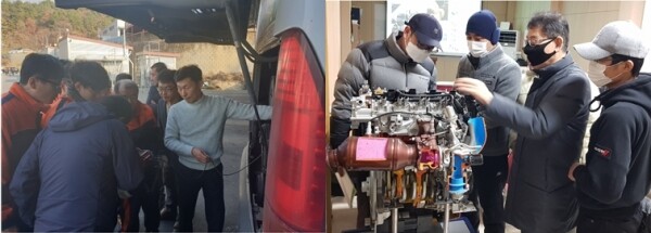 협약기업인 우진교통에서 자동차과 졸업생이 취업 후 일학습병행 훈련을 하고 있다. 사진=충북보건과학대 제공