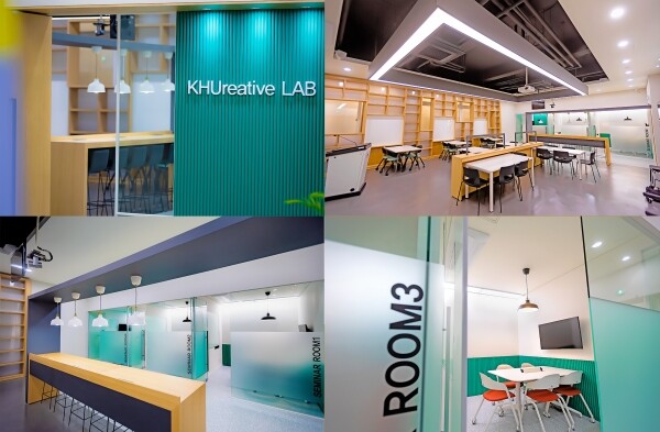 경희대학교 생활과학대학은 지난 16일 생과대 104호에서 ‘KHUreative Lab(이하 쿠리에이티브 랩)’ 개장식을 열었다. 주거환경학과 학생팀이 디자인한 쿠리에이티브 랩은 소규모 강의, 팀 프로젝트, 토론, 휴식 등 다양하고 창의적인 학습 활동을 지원한다. 사진=경희대 제공