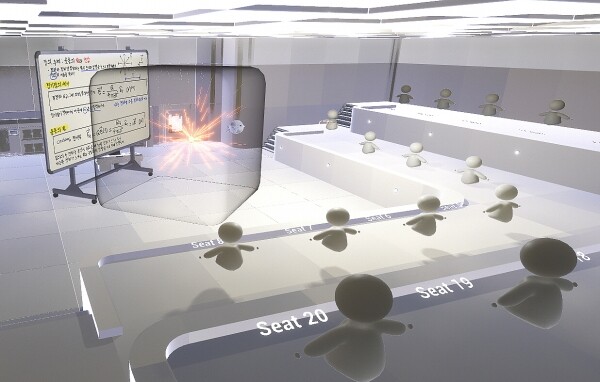 한국산업기술대학교는 6일 산기대 캠퍼스에서 국내 대학 최초 20여명이 동시에 VR실습이 가능한 메타버스 공학교육 실습실 ‘퓨처VR랩’을 구축하고 수업시연회와 함께 개소식을 가졌다. 메타버스 강의실에 다수의 학생이 접속해 강의를 수강하고 있는 모습. 사진=산기대 제공