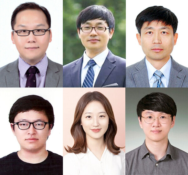 (왼쪽 상단부터 시계방향) 인하대 고분자공학과 위정재 교수, 물리학과 이민백 교수, 화학공학과 육지호 교수, 고분자환경융합공학전공 윤혁준 졸업생, 원수경 학생, 물리학과 최진혁 졸업생. 사진=인하대 제공