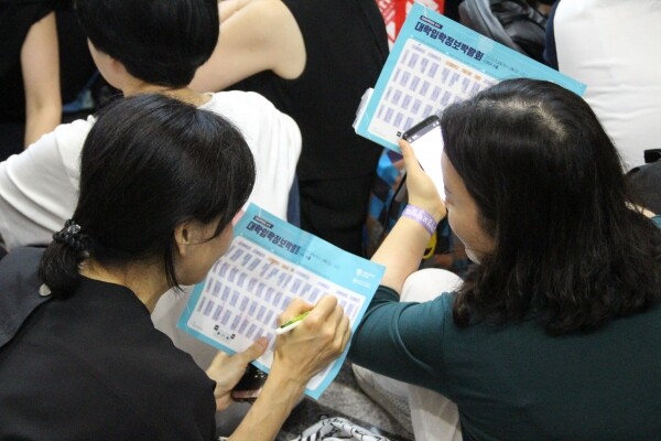 2022학년도 수능 성적표에서 생명과학Ⅱ 성적이 공란으로 제공된 가운데 수시 최종합격자 발표를 앞두고 있는 대학가는 혼란에 빠진 모습이다. 사진은 2020학년도 수시 입학정보박람회에서 상담 대학 부스를 상의하는 학부모 모습. 사진=대학저널 DB