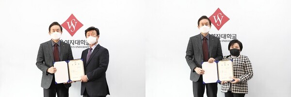 승현우 서울여대 총장이 박수남(사진 왼쪽) 자연과학대학 석좌교수와 조종란 교양대학 석좌교수를 임용하고 기념촬영을 하고 있다. 사진=서울여대 제공