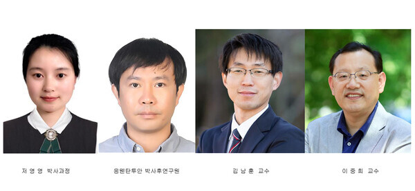 고성능 고수명 리튬-황 전지를 개발한 전북대 연구팀. (왼족부터) 저영영 박사과정, 응웬탄투안 박사후 연구원, 김남훈 교수, 이중희 교수. 사진=전북대 제공
