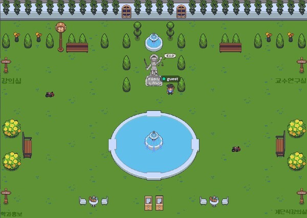 메타버스로 구현된 군산대 정의의 여신상과 정원 전경. 사진=군산대 제공