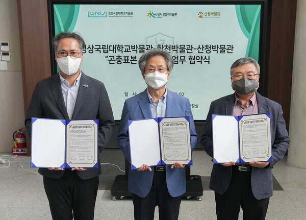 사진 왼쪽부터 박우명 산청박물관장, 차영길 경상국립대박물관장, 조원영 합천박물관장.