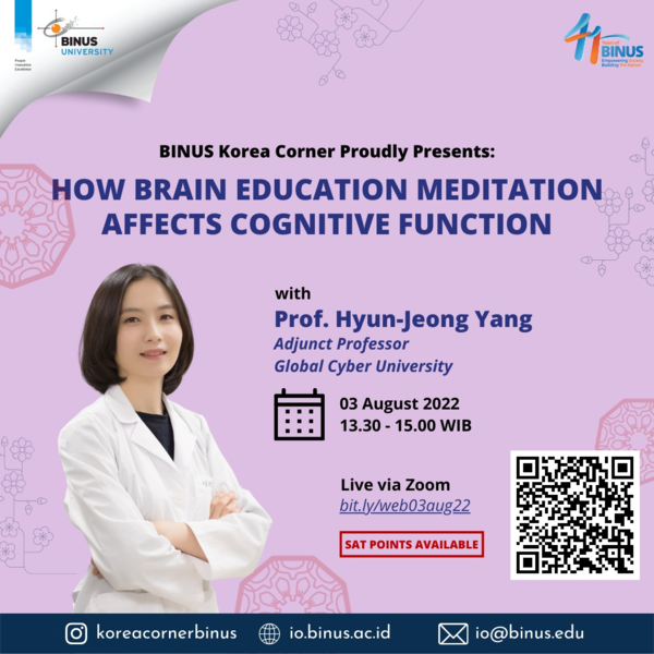 글로벌사이버대의 인도네시아 비누스 대학 재학생들을 위한 세미나 ‘뇌교육 명상이 인지기능에 미치는 영향’ 안내 포스터.