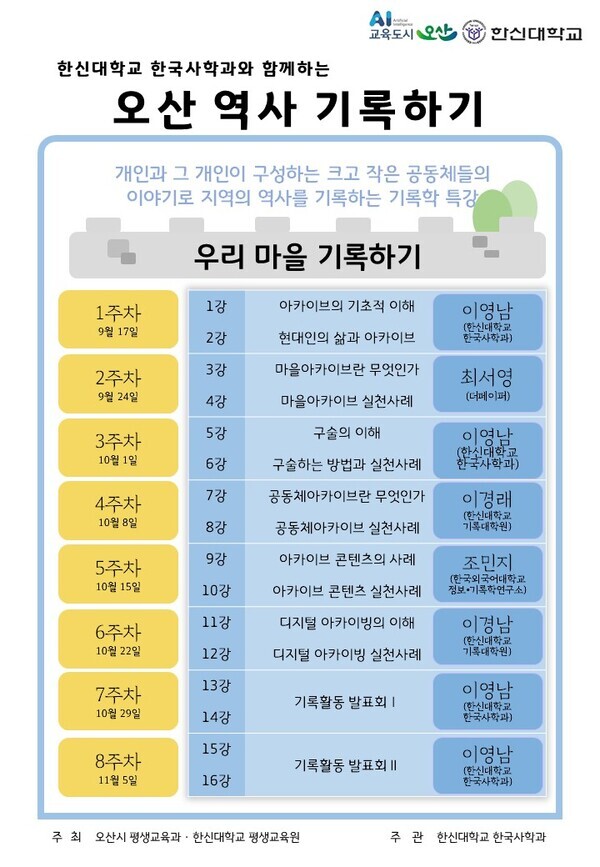 한신대와 오산시가 ‘오산 역사 기록하기’ 프로그램을 공동 주최한다. 한신대의 '오산 역사 기록하기' 안내 포스터.