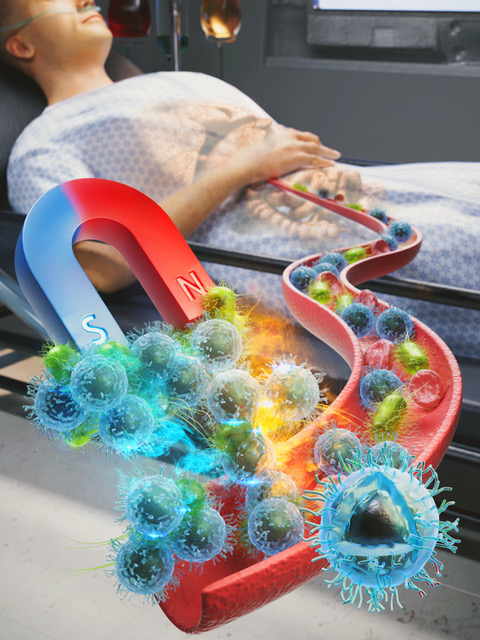 혈액세포막-나노자성입자를 활용한 혈액 정화 기술을 나타낸 그래픽 이미지.